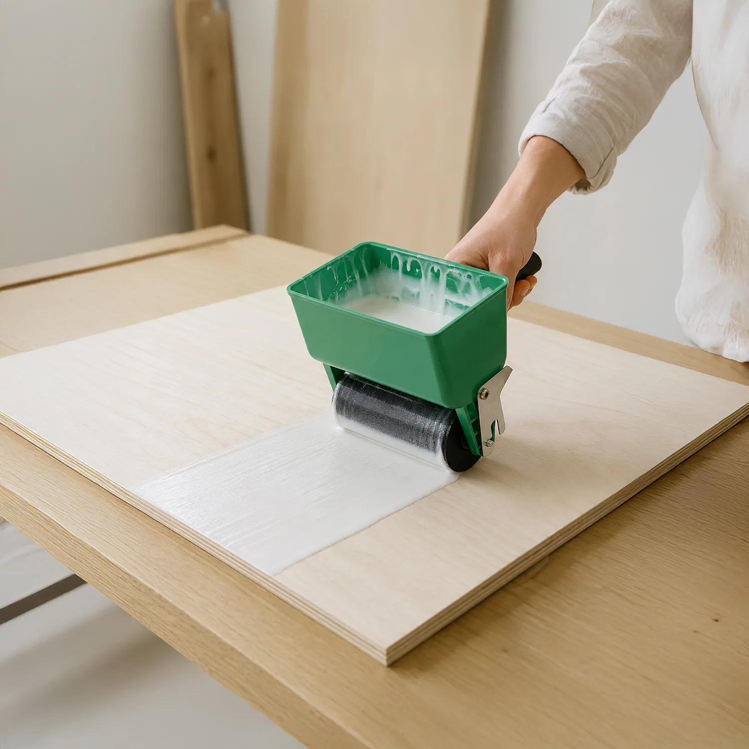 A thin, even layer of Aquamax being applied to a prepared plywood surface with a flat adhesive spreader