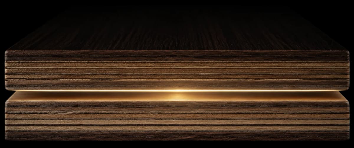 A thin adhesive layer connects wood-based surfaces