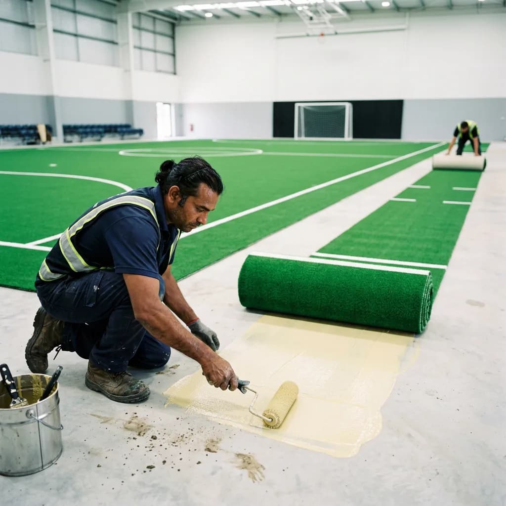 Workers preparing indoor futsal flooring with adhesive application