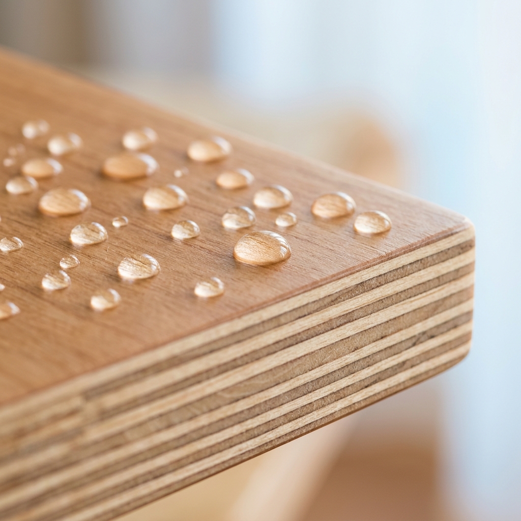 Macro photograph of clean water droplets beading on a smooth laminated plywood surface showing wood layers